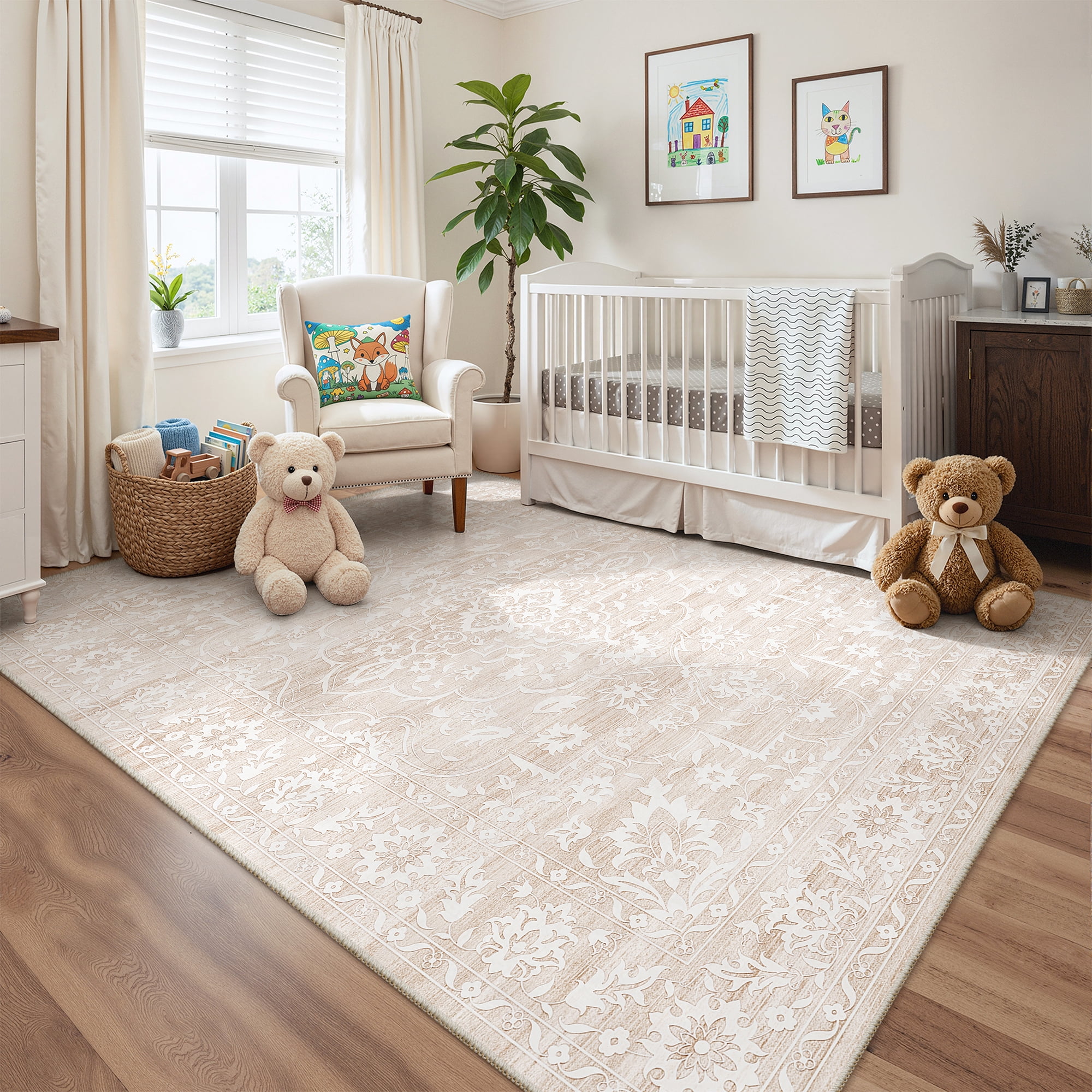 Roxstand 6x9 Area Rugs for Living Room, Stain Resistant Floral Vintage Washable Rugs, Non-Slip Thin Farmhouse Beige Rugs(6'x9', Beige)