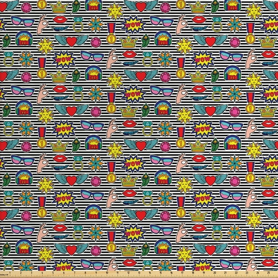 Retro Fabric by the Yard Upholstery, Various Different Cartoon Style on Black and White Stripes Quirky Composition, Decorative Fabric for DIY and Home Accents, Multicolor by Ambesonne