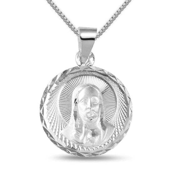 925 Sterling Silver Necklace w/ Jesus Round-Shaped Pendant Charm