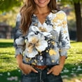 thumbnail image 2 of yoeyez Boho Buttons Down Shirts for Women Summer Floral Hawaiian Shirts With Smocked Cuffs Henley V Neck Relaxed Comfy Office Work Blouses Khaki,S, 2 of 6