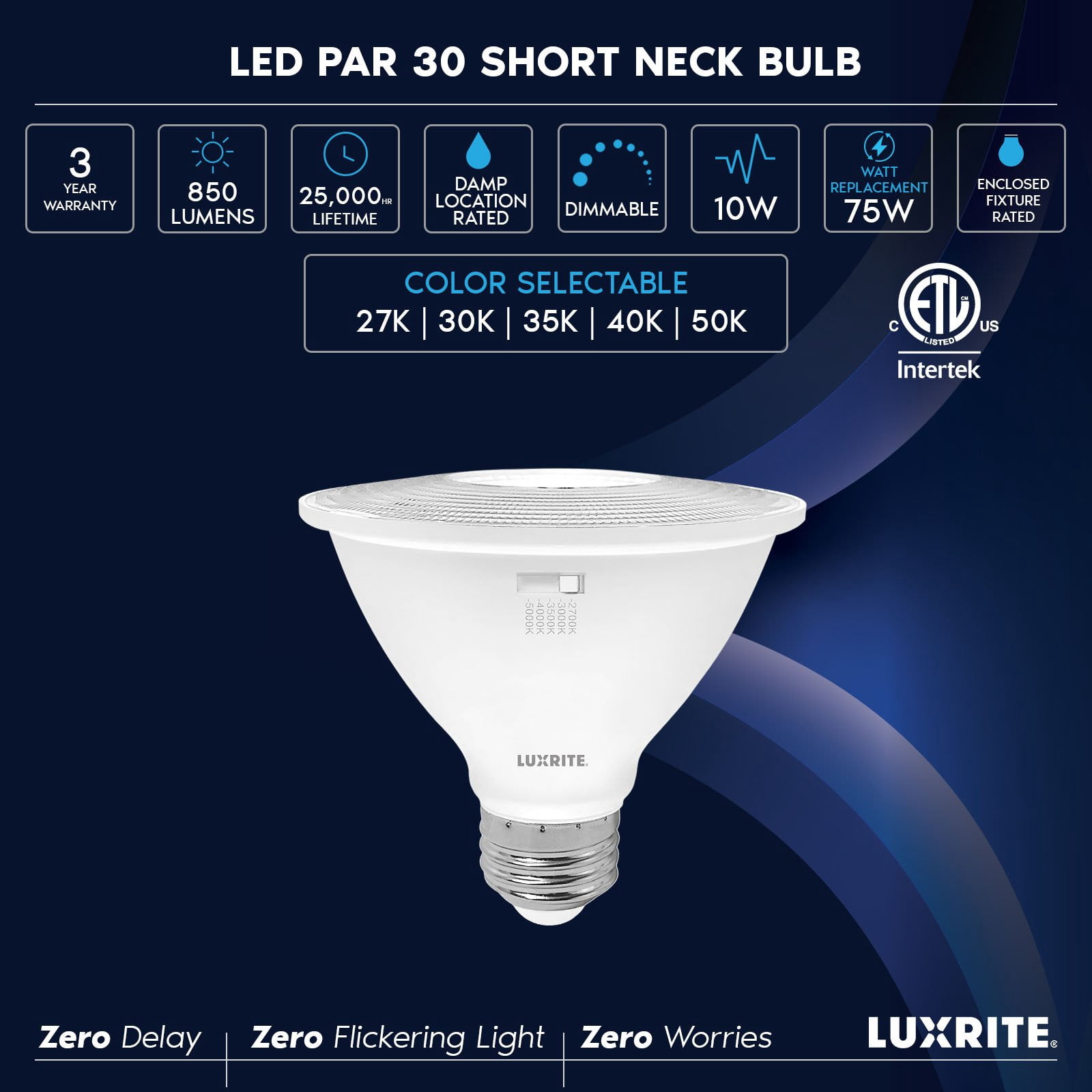 Luxrite PAR30 Short Neck LED Flood Light Bulb 10W 5CCT 850LM Dimmable 12 Pack
