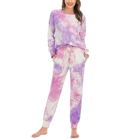 

UKAP Long Sleeve Tops And Tie Dye Pants Pajamas Set For Lady Joggers Pjs Nightwear Homewear Womens Casual Loose Cotton Sleepwear Sports Loungewear Side Pockets