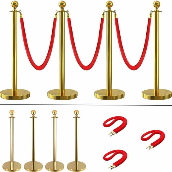 YeYeBest 4pcs Crowd Control Stanchions with Velvet Ropes, Golden Stanchion Post 40inch Red Velvet Rope Retractable Stanchion Posts Barrier & 37.4'' Height Stainless Steel Polish Set