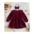 thumbnail image 2 of Diconna Baby Girl Corduroy Ruffle Dress Toddler Long Sleeve Smocked Princess Party Dress Fall Winter Outfit Wine Red 12-18 Months, 2 of 8