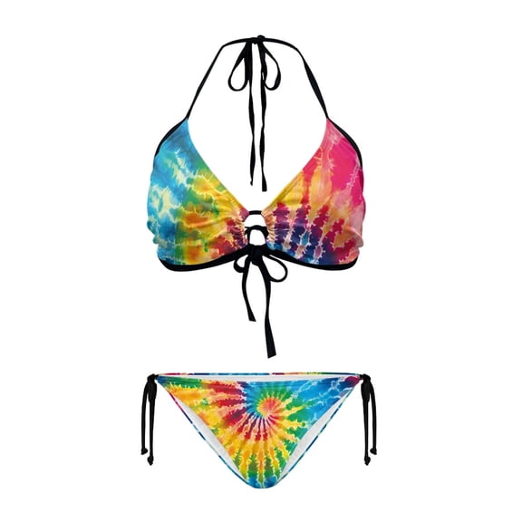 Chririnla Women's Rainbow Tie-Dye Halter Bikini Set - Two Piece Triangle Swimsuit with Tie Side Bottoms | Sexy, Quick Dry Swimwear for Beach Vacation & Pool Party