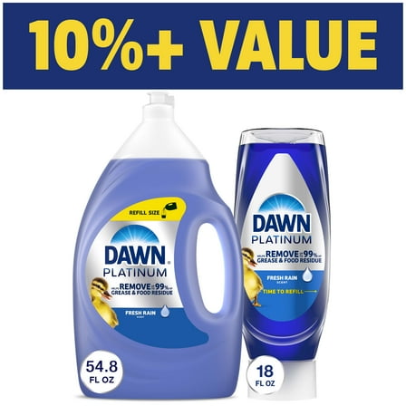 Dawn Platinum Dish Soap Liquid, Dishwashing Liquid, Grease Removal, Fresh Rain, 54.8oz plus Dawn Platinum EZ-Squeeze Dish Soap Liquid, Dishwashing Liquid, Grease Removal, Fresh Rain, 18oz