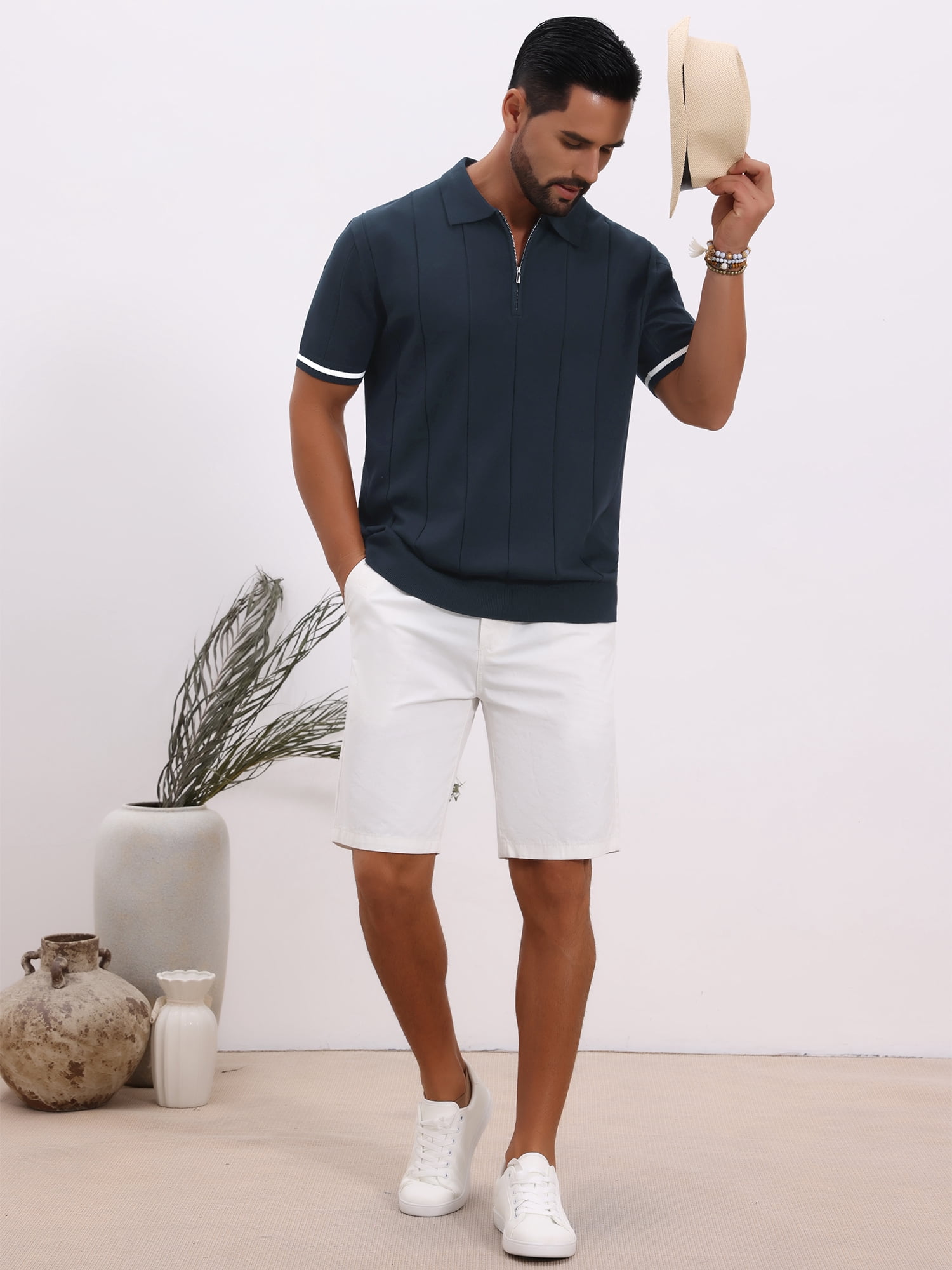 DARING DIVA Men's Textured Zip Up Ribbed Hem Short Sleeve Golf Polo Shirts M Navy Blue