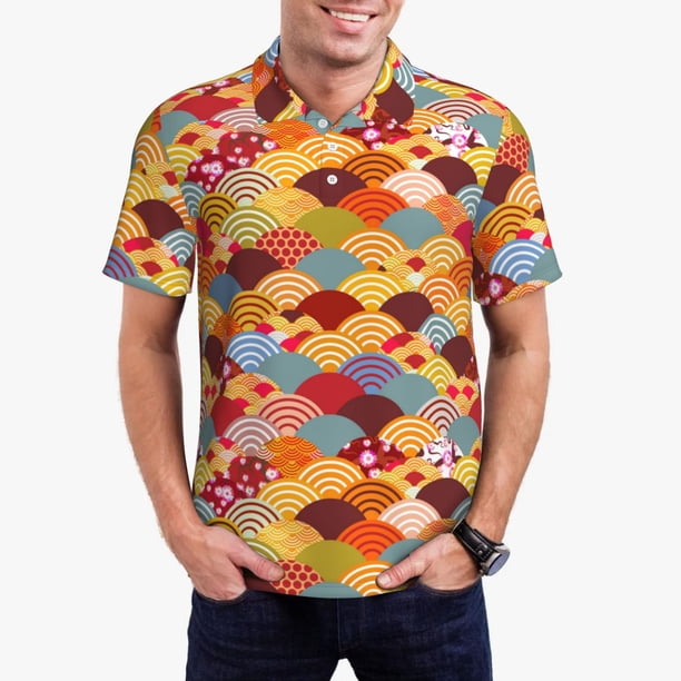 Fotbe Japanese Style Fish Scales Camiseta Polo de Golf para Hombre con Estampado – Camisa Deportiva Transpirable con Cuello Abotonado-4X-Large