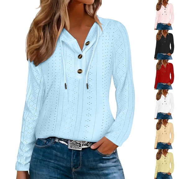Breezora Women's V Neck Eyelet Hollow Out Hoodies Casual Long Sleeve Button Front Pullover Tops
