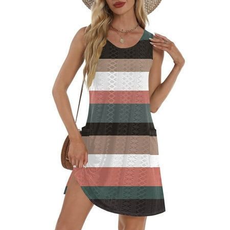 GXIPO Casual Boho Swim Dress for Women Swimwear Eyelet Sleeveless Bikini Beach Cover Up Women Summer Dresses Striped Sundress Swimsuit Coverup with Pockets Brown S