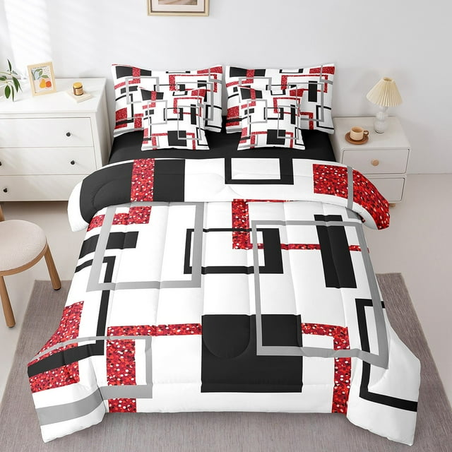YST Ensemble de Douillette 7 Pcs à Rayures Noires et Blanches pour Garçons Filles, Ensembles de Literie à Paillettes Rouges Double, Style Moderne Lit Tout-en-un, Ensembles de Lit Réversibles Abstraits avec Ensemble de Draps Déco de Chambre