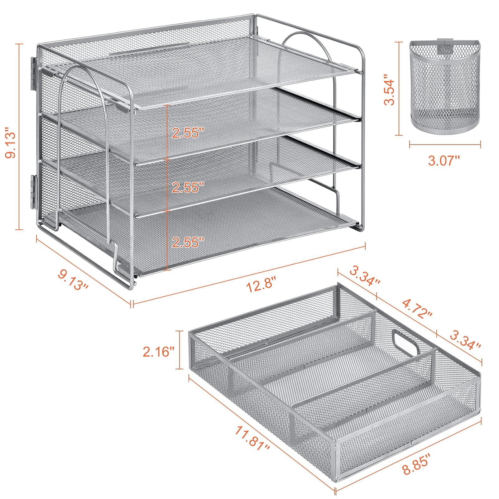 Marbrasse 4-Trays Desktop File Organizer with Pen Holder | Paper Letter Tray with Drawer and 2 Pen Holder | Mesh Office Supplies Desk Organizer for Home Office (Silver)