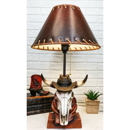 Rustic Western Cow Skull With Cowboy Hat And Red Scarf Table Lamp With Shade