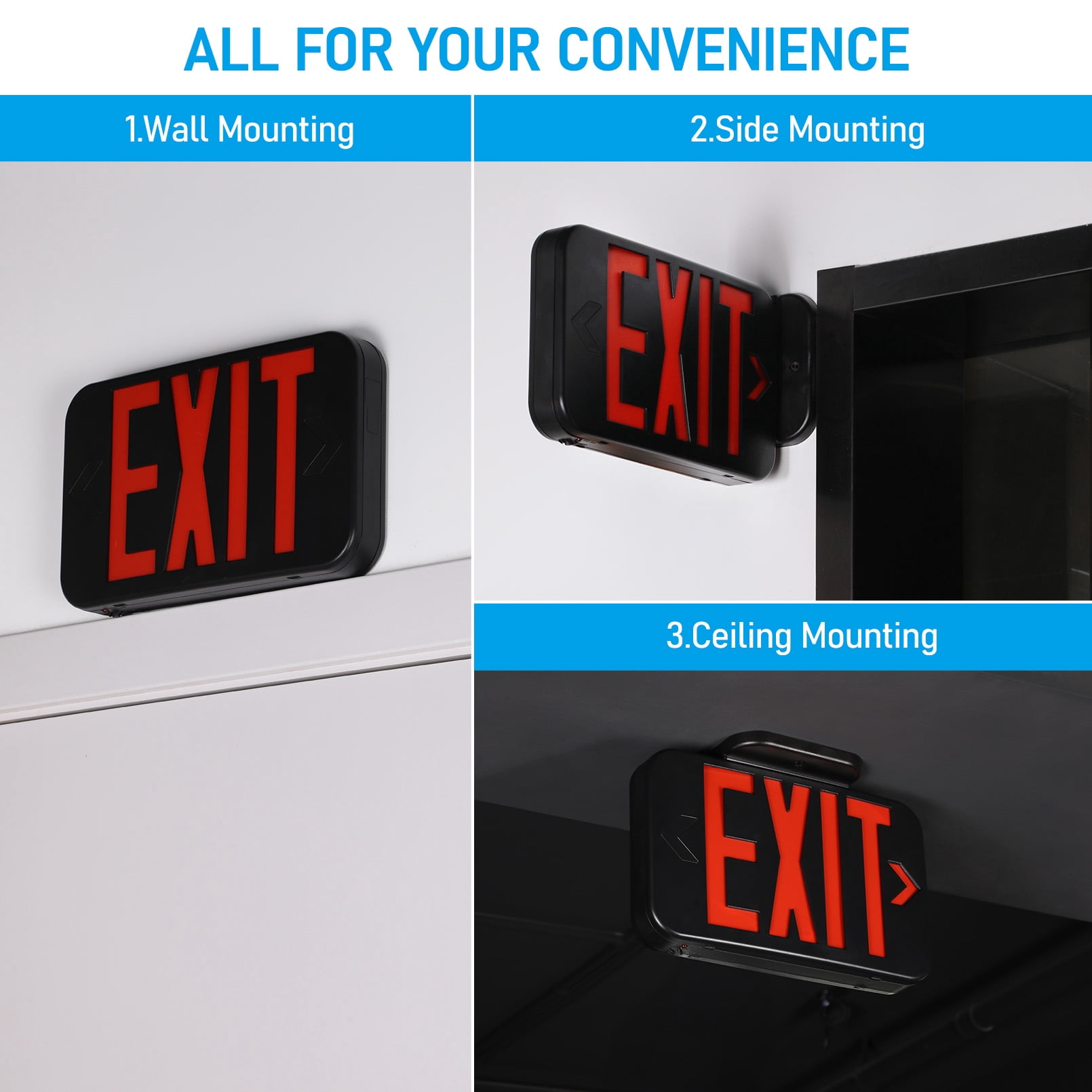 2 Pack LED Emergency Exit Sign with Battery Backup, Double Sided Red Letters Exit Lights, AC 120/277V, Damp Location, Black
