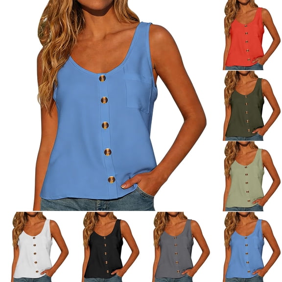 Siminsem Women's V Neck Button Down Tank Top Sleeveless Blouse with Chest Pocket Loose Fit Cotton Basic T-Shirt for Summer Casual Work Layering, Blue, L