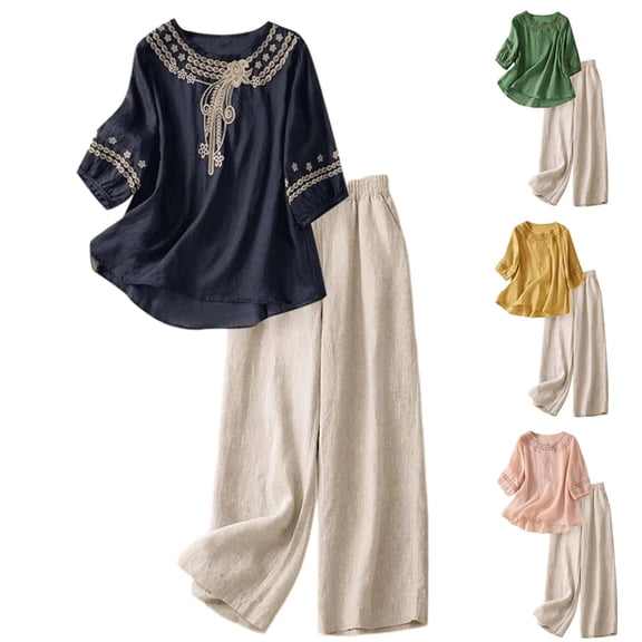 Linen Sets For Women 2 Piece Summer Outfits for Seniors Women Boho Embroidered Capri Sets Linen Lounge Set Peasant Dress Beach Vacation Clothes 03 Light Purple X-Large