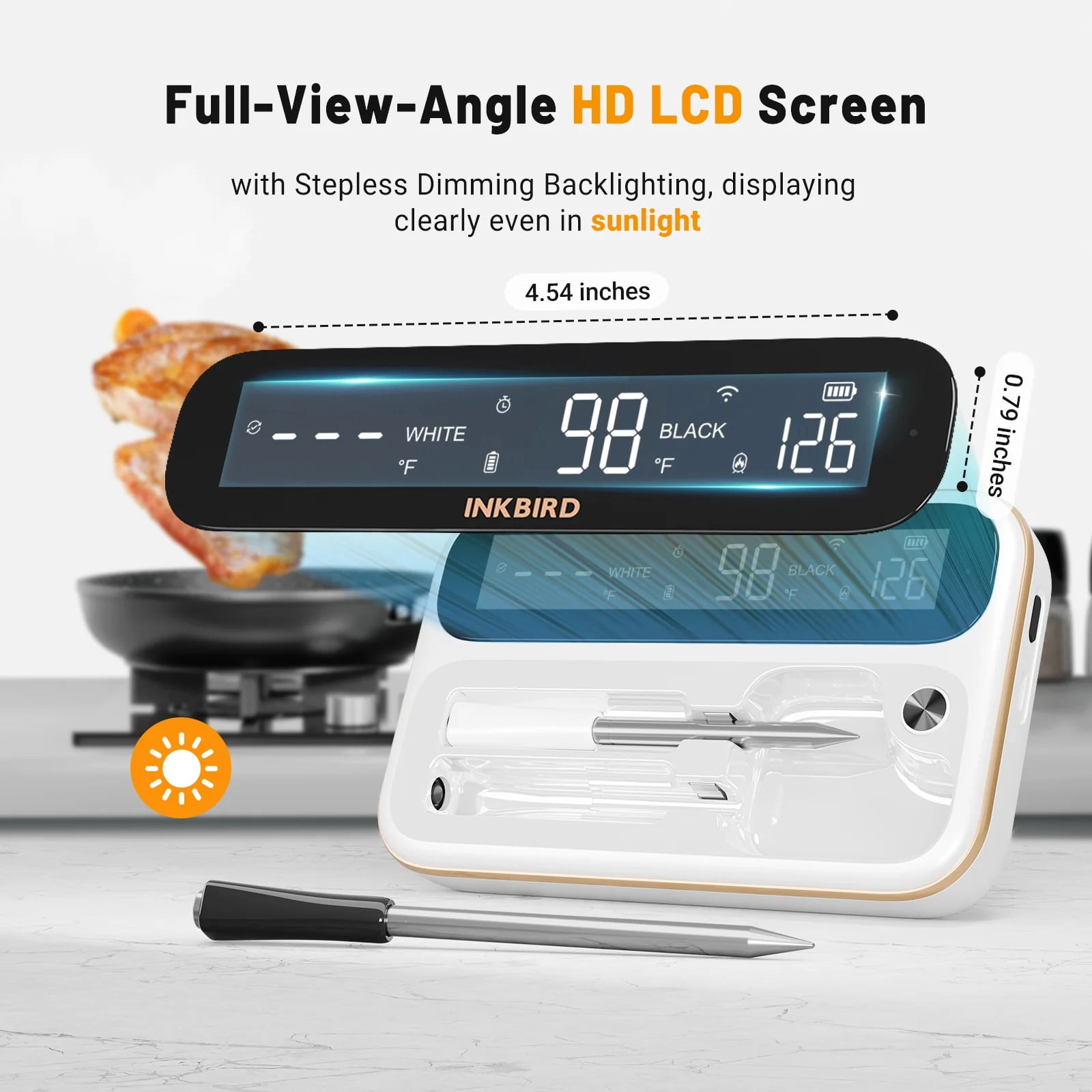 INKBIRD 5GHz & 2.4GHz WiFi Wireless Meat Thermometer with 2 Size-Coded Probes and Unlimited Range,Bluetooth 5.4 Thermometer with 360° Readable LCD-Enhanced Booster,White