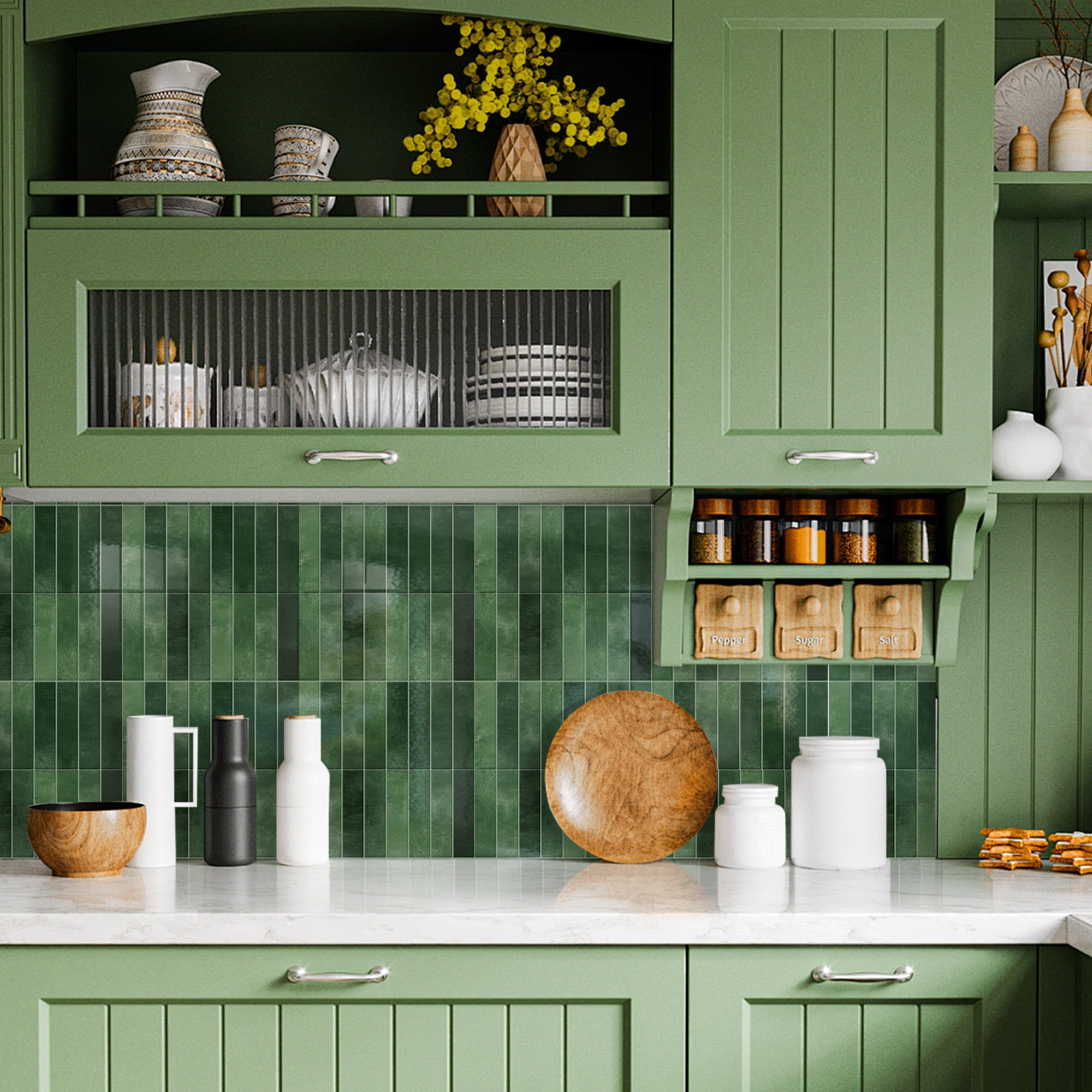 DEWOO 10 Sheet Thicker Peel and Stick Backsplash Tile,3D Self Adhesive Wall Tiles Stick on Backsplash for Kitchen,Bathroom,Camper (12"×12",Dark Green)