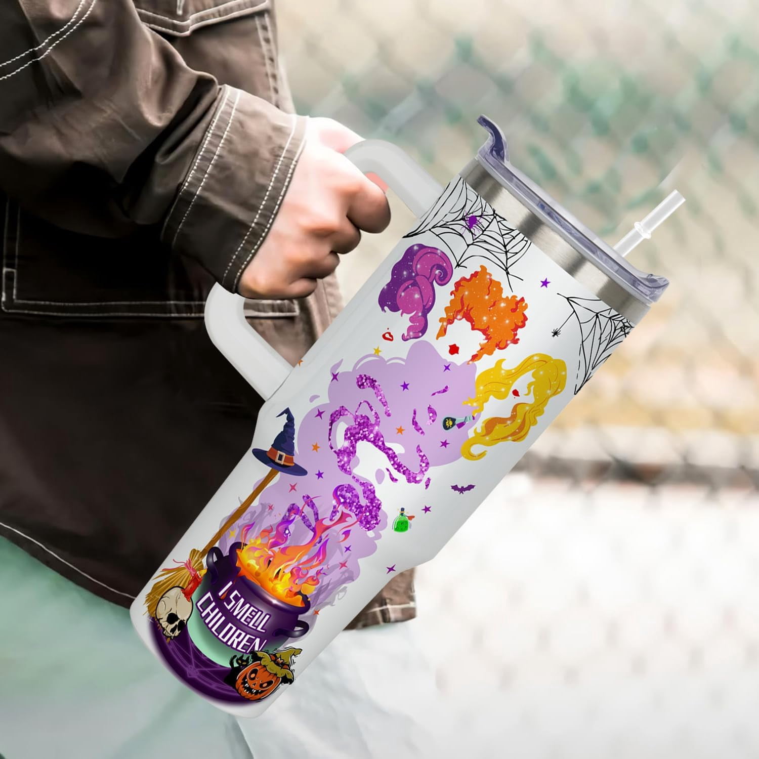 Halloween Tumbler with Handle, Hocus Pocus Tumbler 40 oz Witch Cup Hocus Pocus Cup Witch Brew Tumbler With Lid and Straw Halloween Gifts for Women