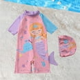 thumbnail image 2 of ZXLBBD Girls' Swimwear Baby Short Sleeve Cartoon Printed Rash Guard with Swim Cap for Toddler Kids Stretchy Holiday Surfing, 2 of 4