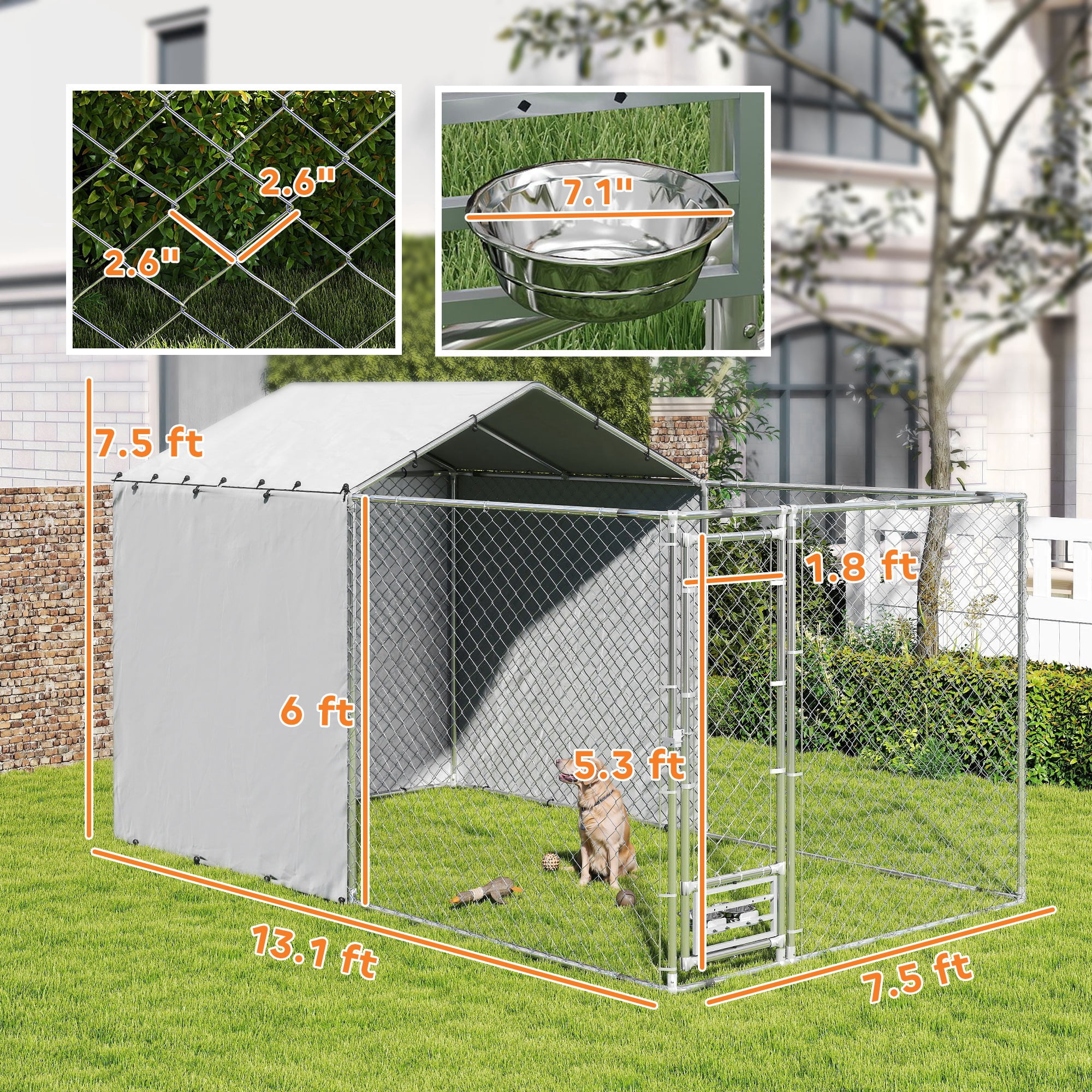 PawHut Large Outdoor Dog Kennel, Chain Link Dog Kennel Outside with Weather Resistant Cover, Rotating Bowls Door, for M&L Dogs, 13.1' x 7.5' x 7.5'