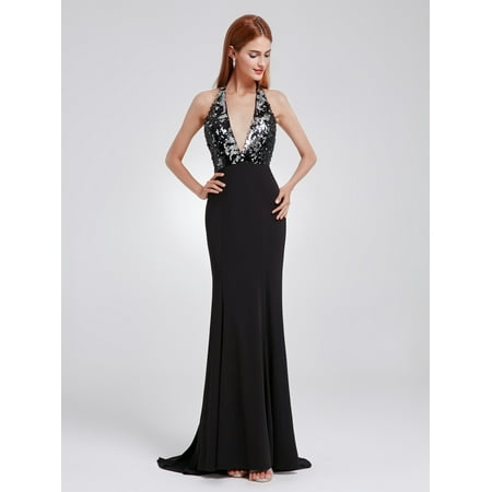Black Sequin Halter - Ever-Pretty Women's Sexy Open Back Halter Deep V Sequined Neckline Formal Evening Prom Ball Black Tie Sparkling Gown with Sweep Train 07164 US 4