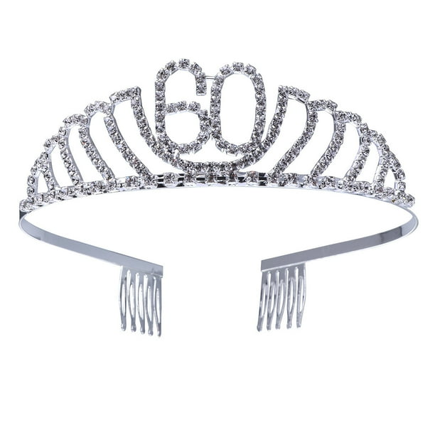 KAKOWELY Tiara de cumpleaños número 60 con cristales y diamantes de imitación, corona de reina, diadema con peines para el cabello y clip.