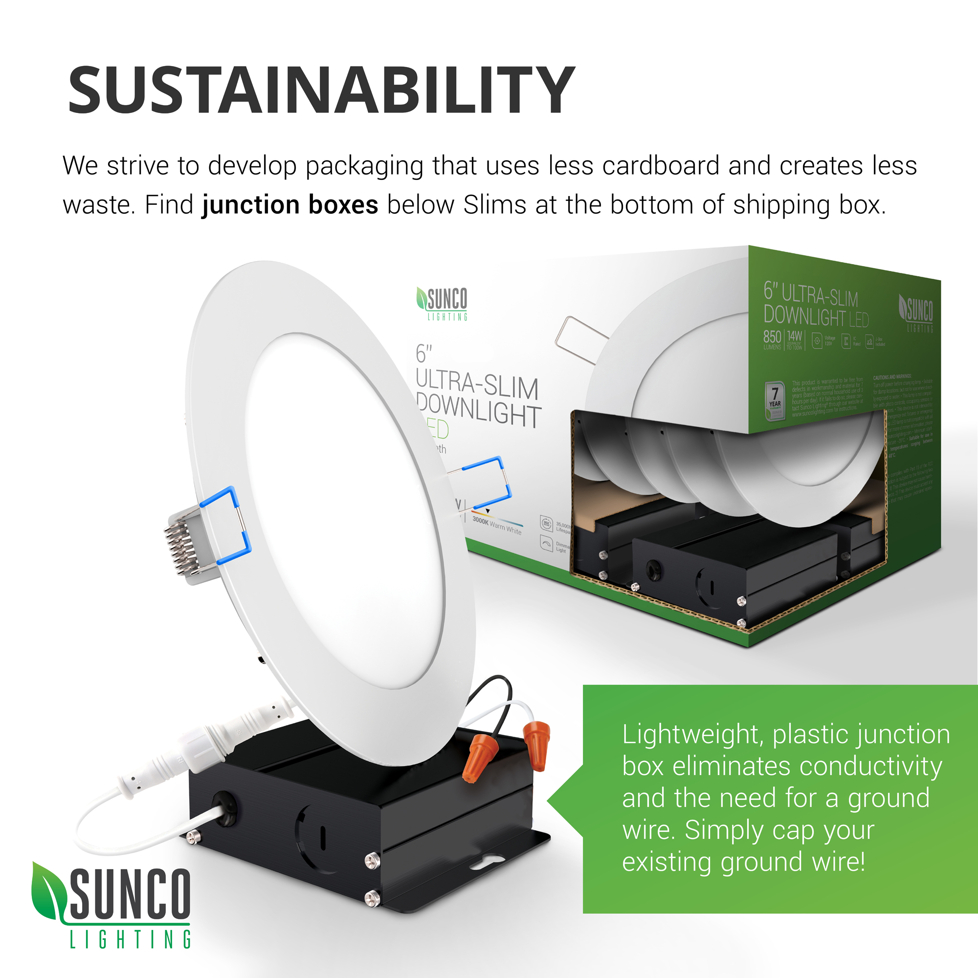 Sunco Lighting Pack Inch Slim LED Downlight with Junction Box, 14W=100W,  850 LM, Dimmable, 2700K Soft White, Recessed Jbox Fixture, IC Rated, Simple  Retrofit Installation ETL  Energy Star