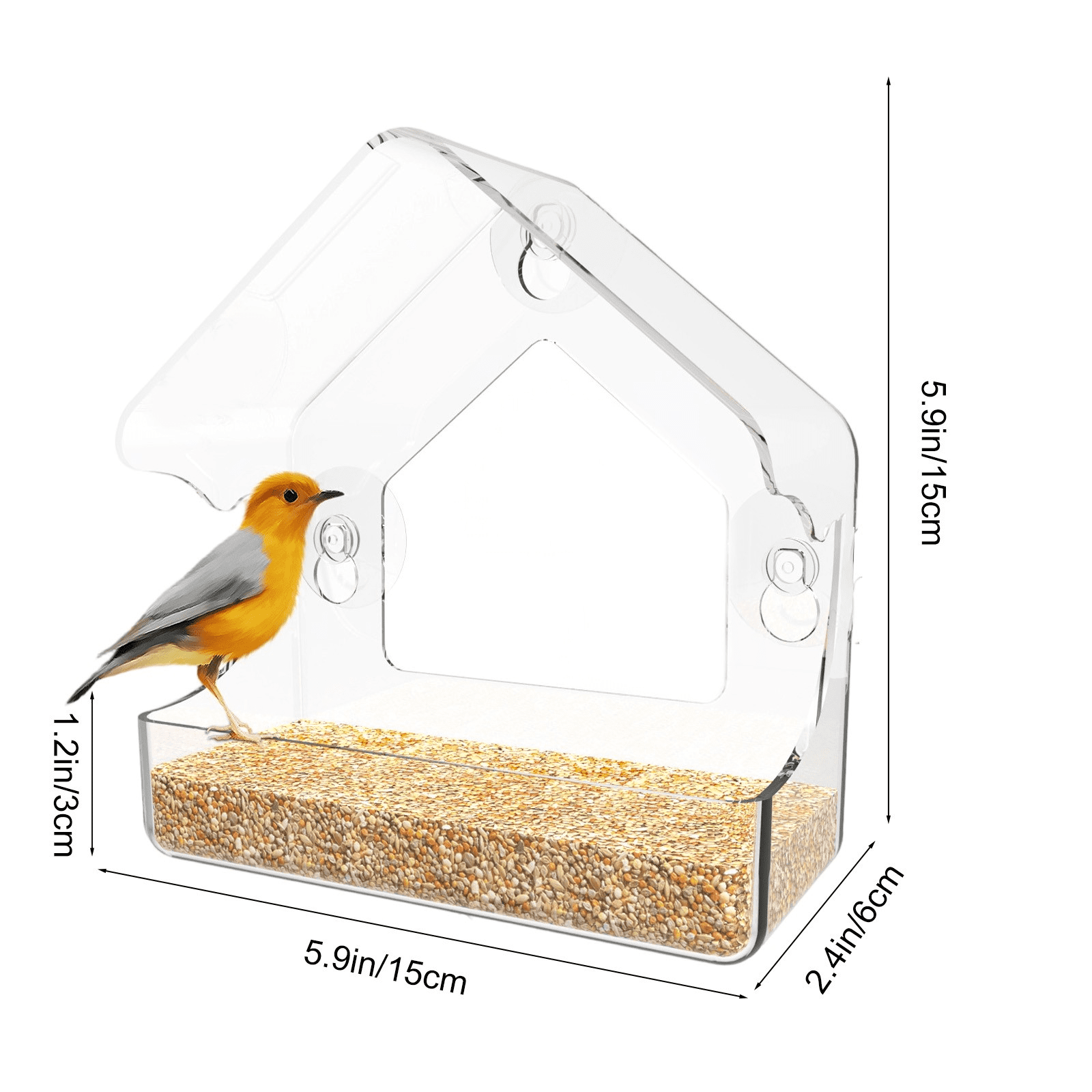 Window Bird Feeder Suction Cup, Transparent Wall Mounted Acrylic Bird Feeder, Easy Tool Free Installation Drainage Holes, Indoor Outdoor Window Bird Watching Observation for Small Birds Family Gift