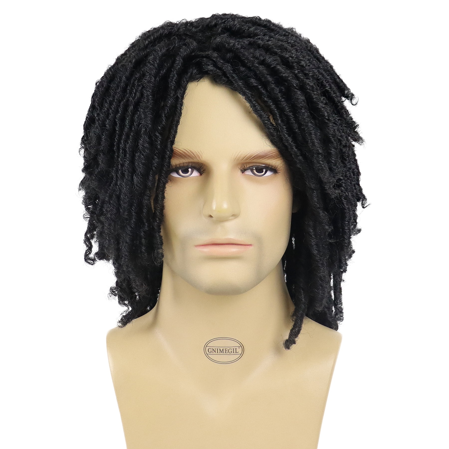 1B Black Curly Wigs Short Dreadlocks Wig for Men Braided Wig with Bangs
