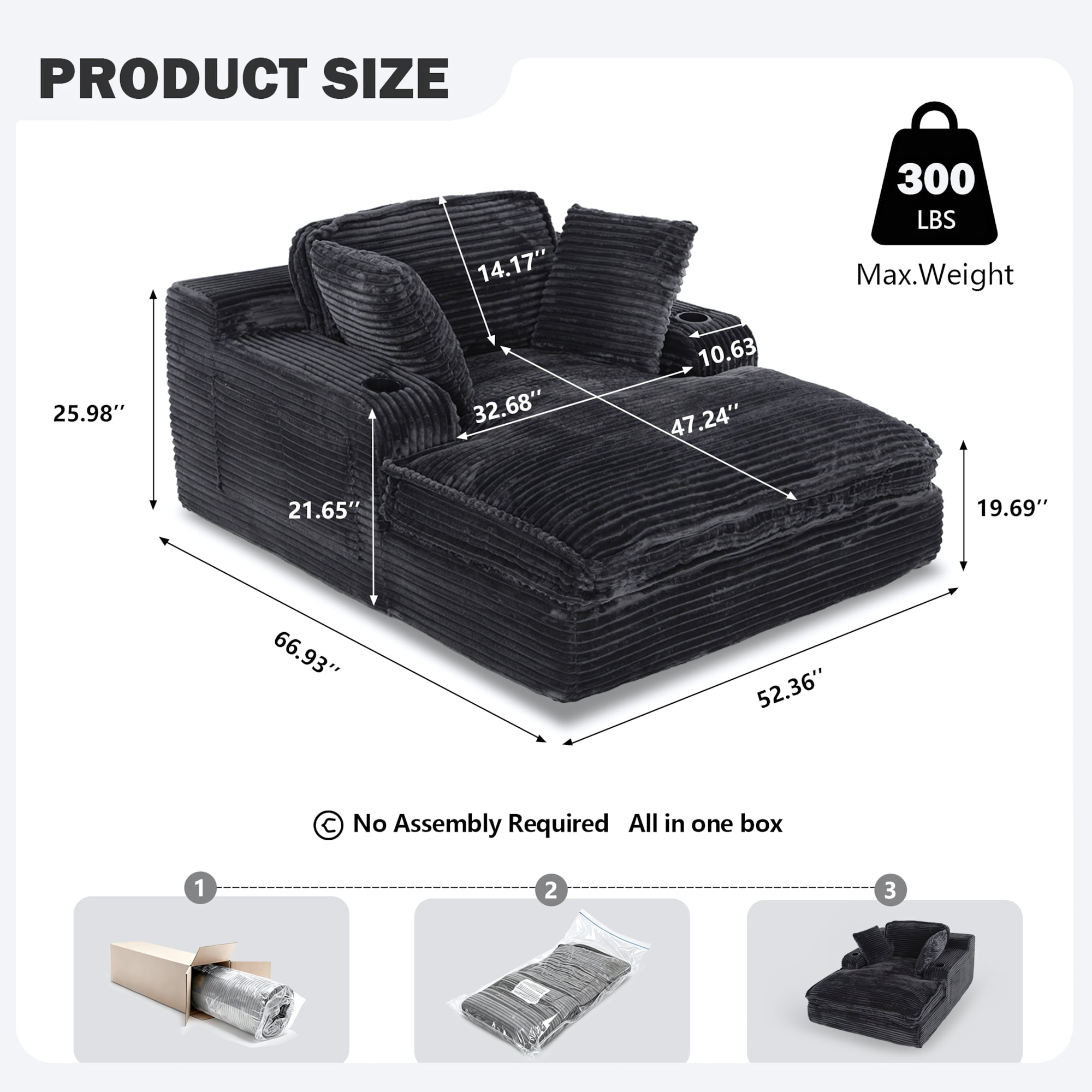 EOP 67'' Oversized Chaise Lounge Chair Indoor, Plush Boneless Cloud Couch with Side Pockets & Cup Holders, Comfy Corduroy Sleeper Couch with Removable Pillows for Living Room, Black