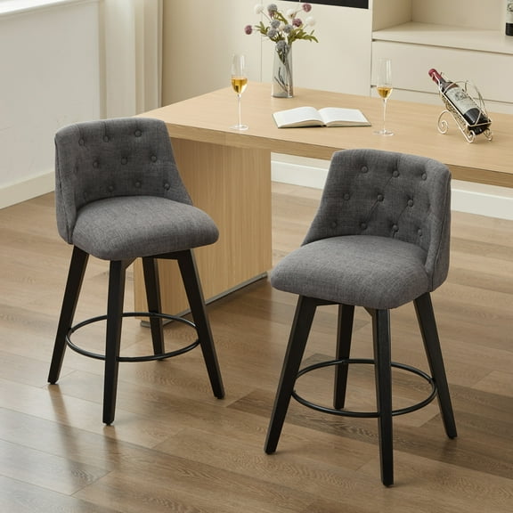 25" Swivel Stools Set of 2 Modern Counter Height Linen Upholstered Barstools with Button Tufted Back, Dark Gray for Home Kitchen, Breakfast Island, or Home Pub
