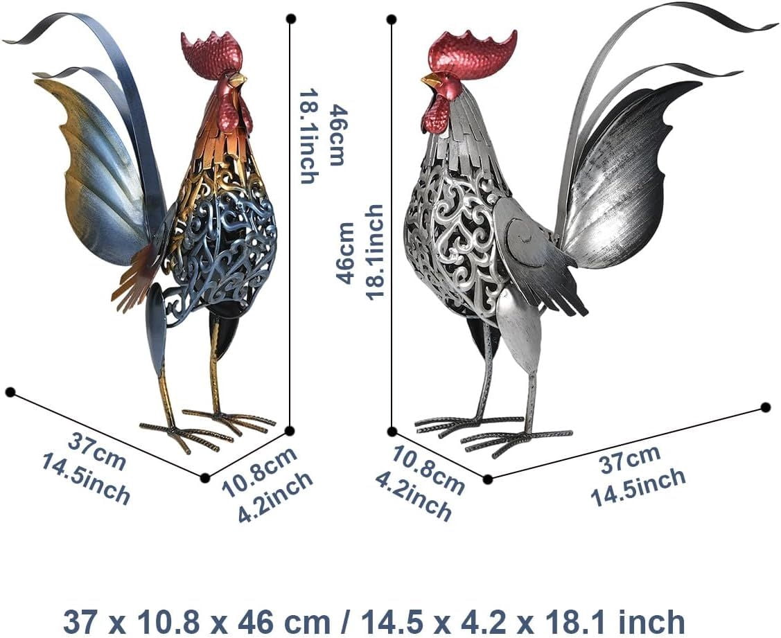 18" Metal Rooster Garden Statues Set of 2 Iron Yard Art Decor for Patio Lawn Backyard Farmhouse