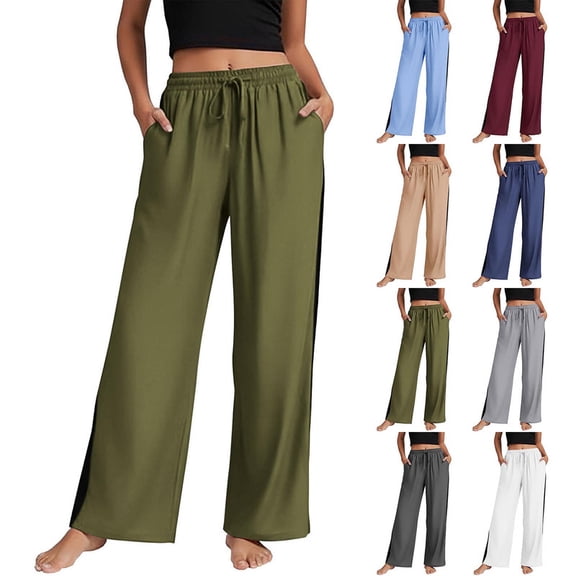 Smsaxvxz Women's Cotton Line Pants Fashion Drawing Elastic Waist Trousers Casual Solid Loose Pocket Pants Green M
