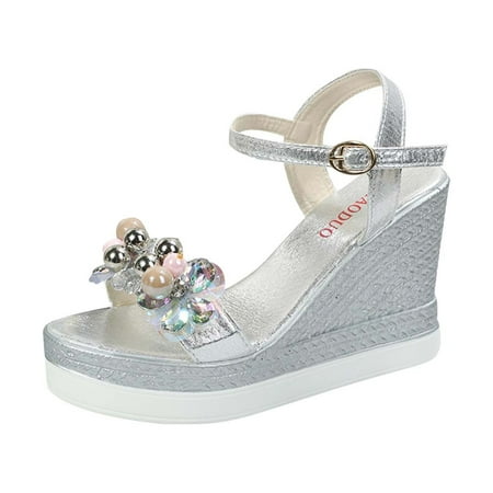 

TUOBARR Womens Wedge Sandals Women s Open Toe Casual Shoes Rhinestone Comfortable Platform Wedge Sandals Shoes Silver