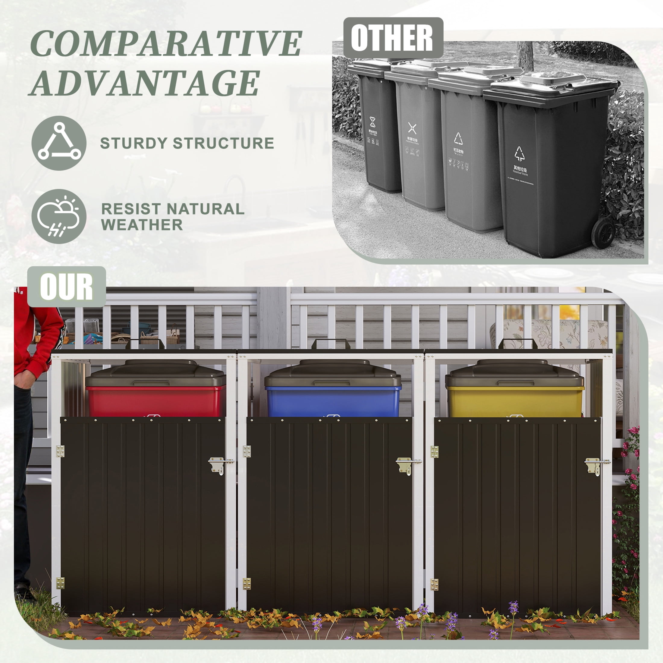 Noble House Outdoor Garbage Bin Shed for 3 Trash Cans, Lockable Galvanized Steel Garbage Bin Enclosure, Dark Gray