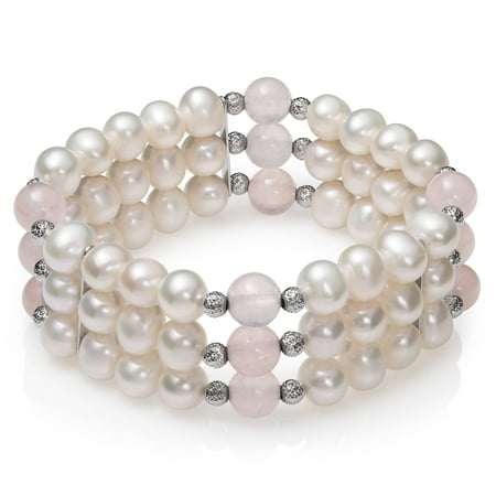 7-8mm Cultured Freshwater Pearl and Rose Quartz 3-Row Stretch Bracelet with Sterling Silver Accent Beads, 7.5