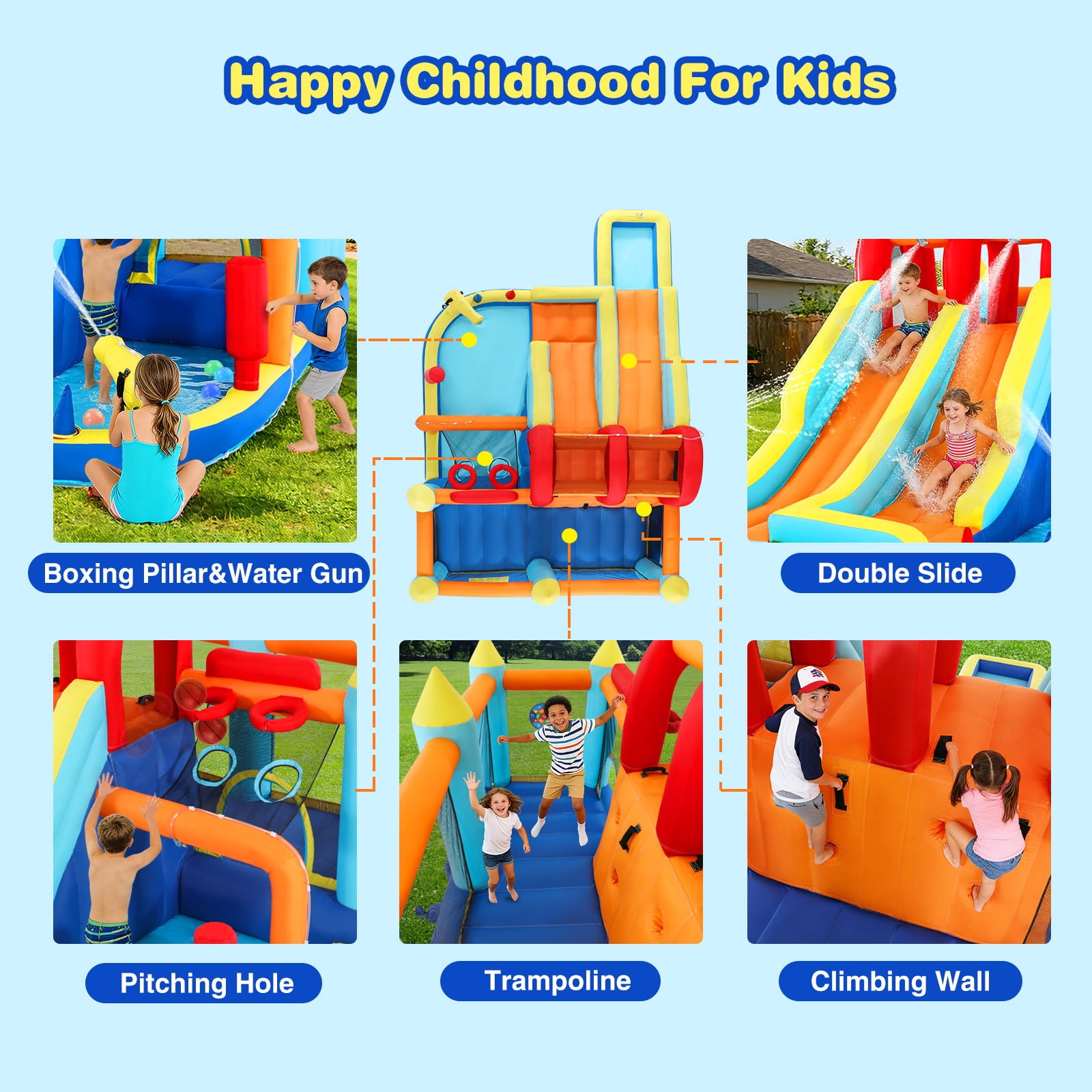 9in1 Inflatable Double Water Slides Bouncer House Water Park Playhouse w/Climbing Wall,Splash Pool,Trampoline,2 Basketball Hoops,Water Guns,Blower Backyard Fun Indoor Outdoor