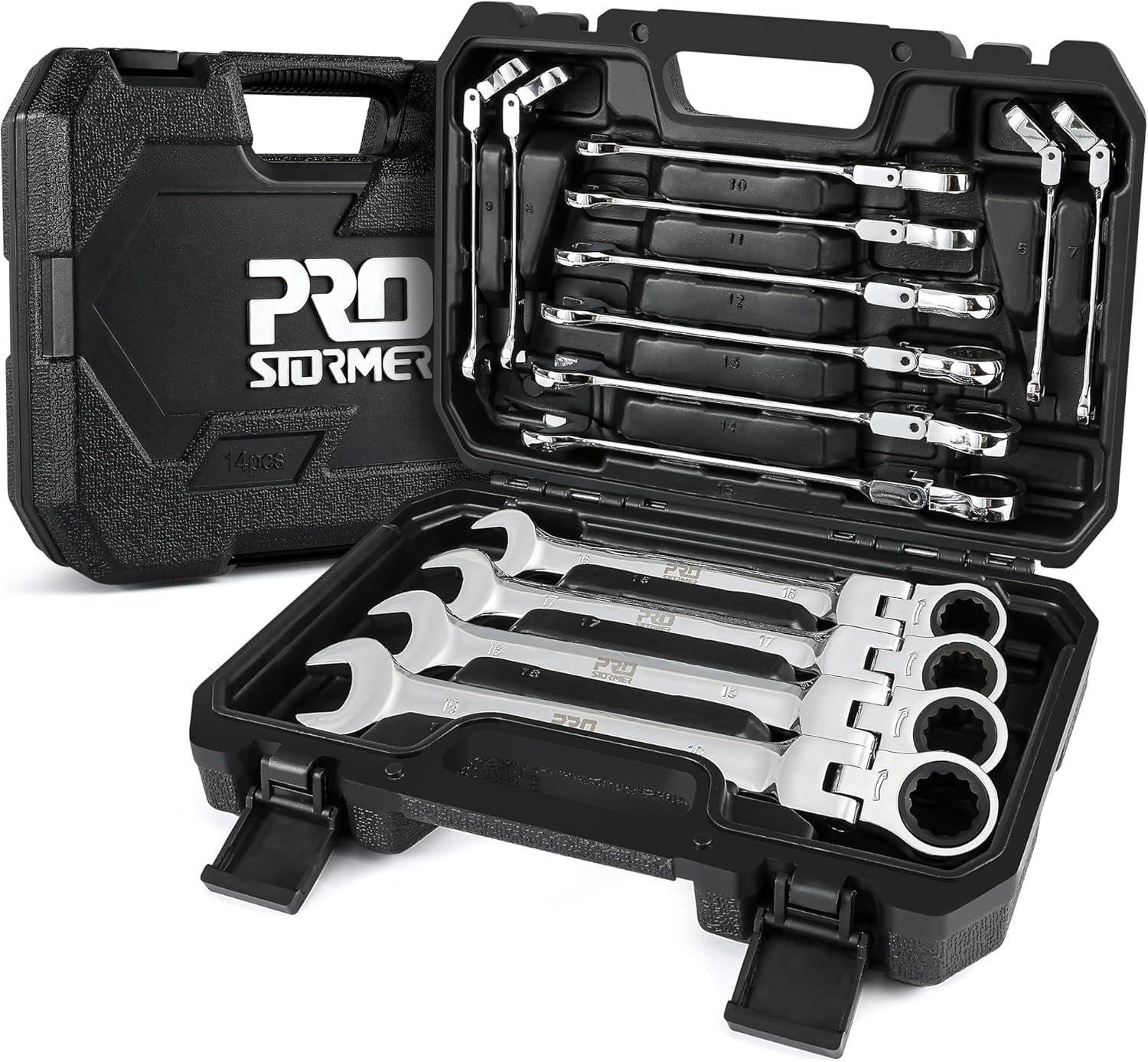 14-Piece Metric Flex-Head Ratcheting Wrench Set, 6-19mm Ratchet Combination Wrench Kit with Storage Case, 72 Tooth, Cr-V Steel Constructed