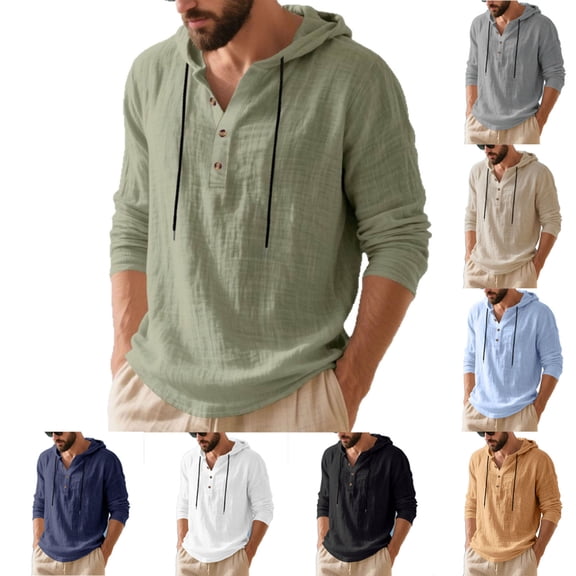Puntoco Men Long Sleeve Shirt Mens Cotton Linen Hoodies Long Sleeve Button Down Shirts Casual Hawaiian Beach Yoga Sweatshirts White XL(XL)