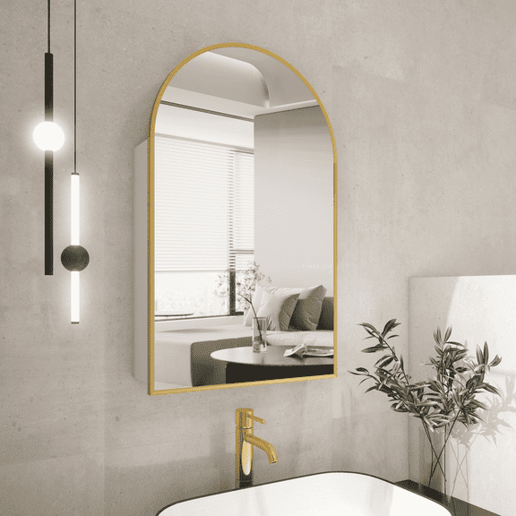 FKWIN Gold Arched Medicine Cabinet with Mirror, Wall Mounted Bathroom Storage Organizer, Aluminum Framed, Adjustable Glass Shelves, 20x32 in