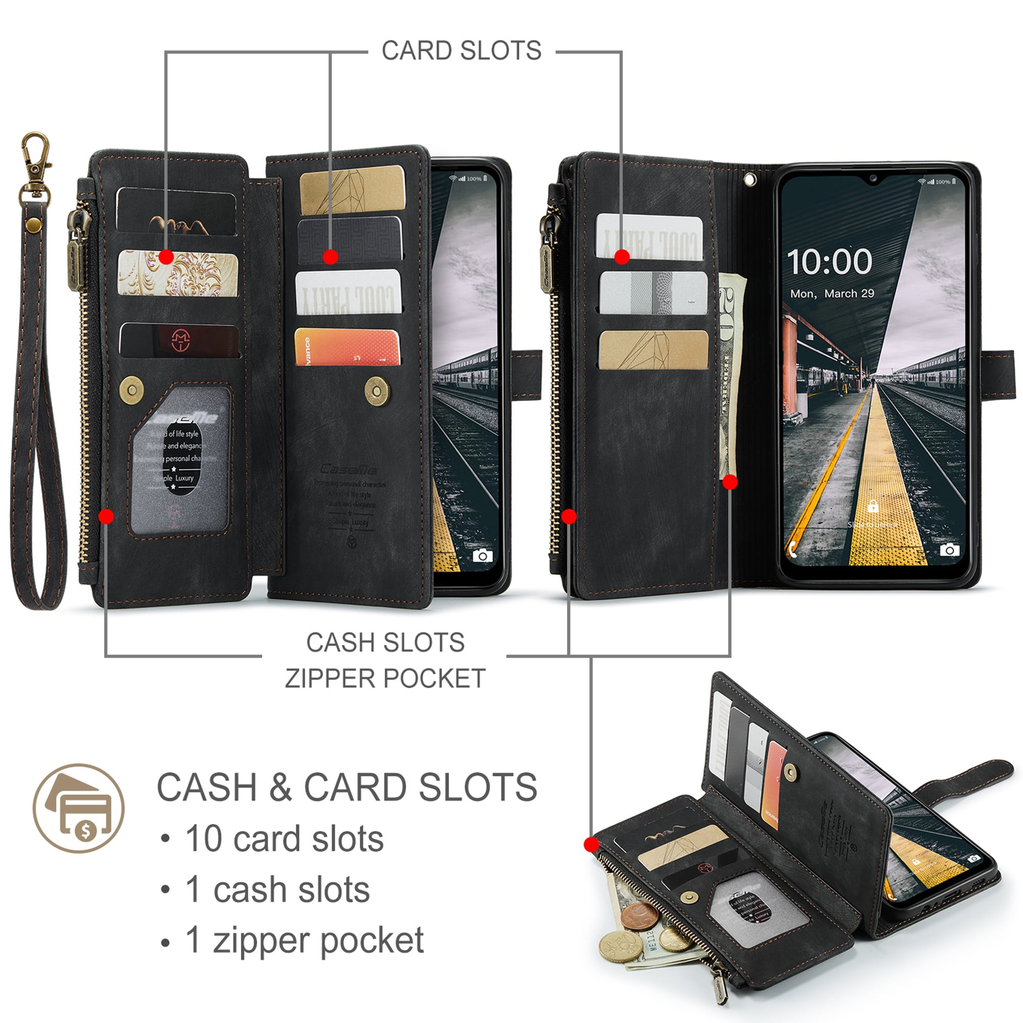 K-Lion for Samsung Galaxy S22 Case, Galaxy S22 Case Wallet for Women Men, Durable PU Leather Magnetic Wallet Flip Lanyard Strap Wristlet Zipper Card Holder Phone Case for Samsung S22,Black