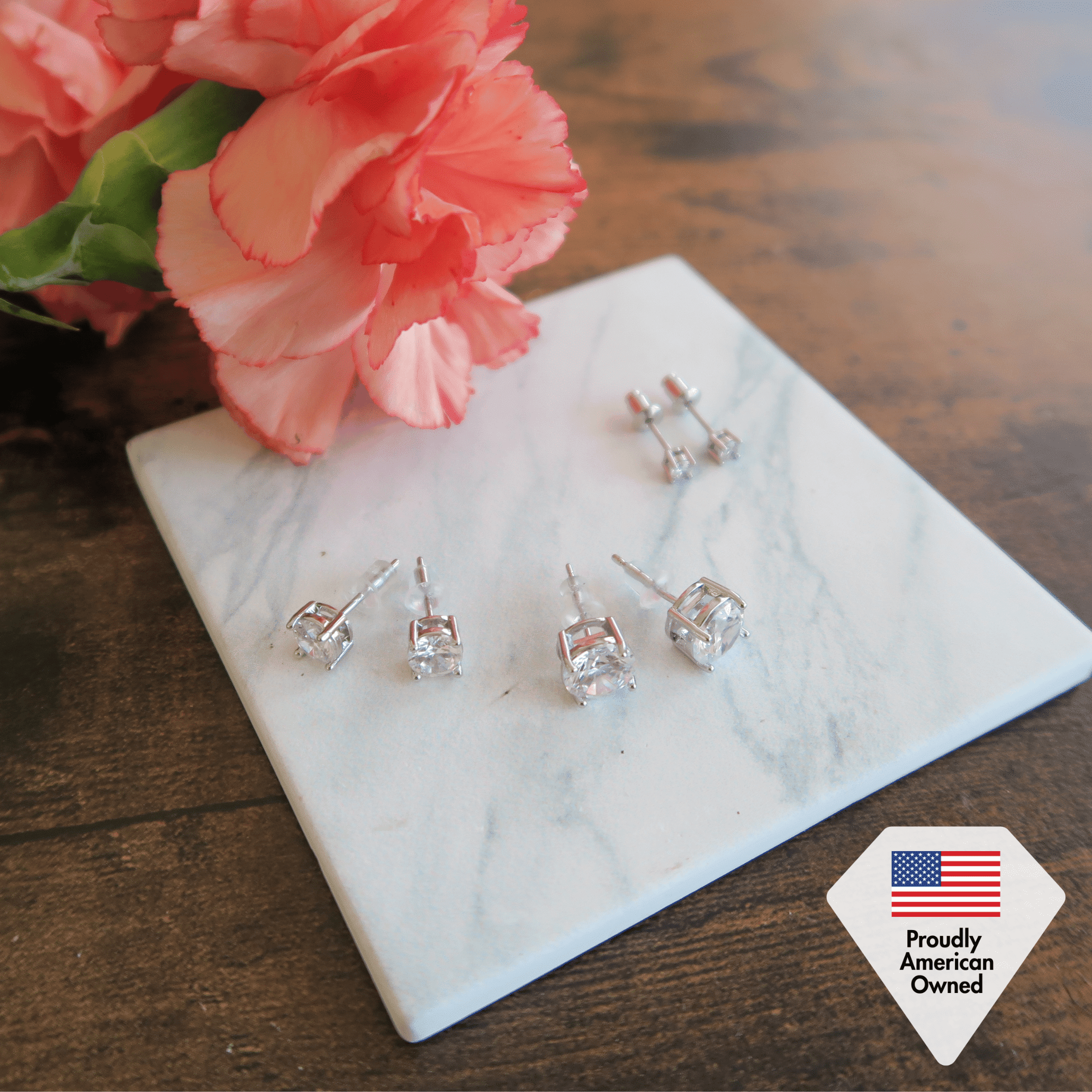 Cate & Chloe Pack of 3 - Mia 18k White Gold Plated Stud Earrings with Simulated Diamonds for Women