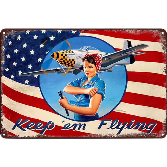 Vintage Metal Tin Sign, Patriotic Rosie Riveter Style Poster, Keep Em Flying Wall Art Decor Plaque for Home Bar Pub Cafe Garage, 8 x 12 Inch