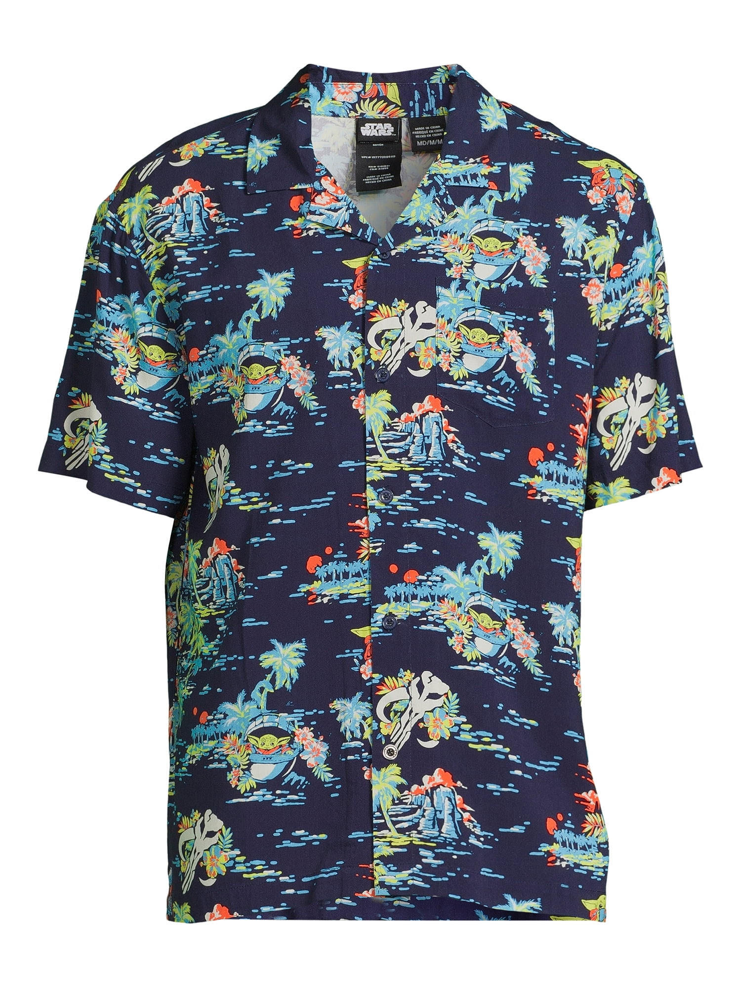 Star Wars Men’s and Big Men’s Tropic Baby Yoda Button Front Shirt with Short Sleeves, Sizes S-3XL