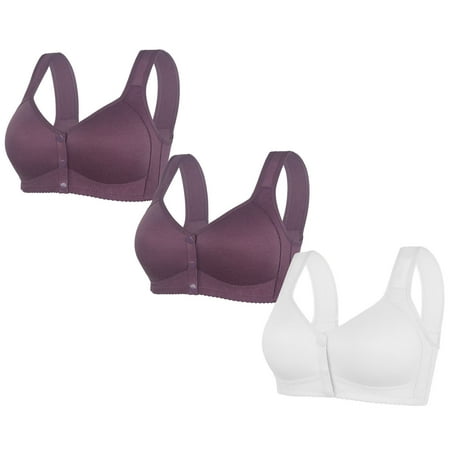 Ashirexll 3PC Bras for Women Pack Front Closure Plus Size Wireless Breathable Comfortable Soft Gathering Posture Support Bra Middle-Aged and Elderly Bra White E 5XL