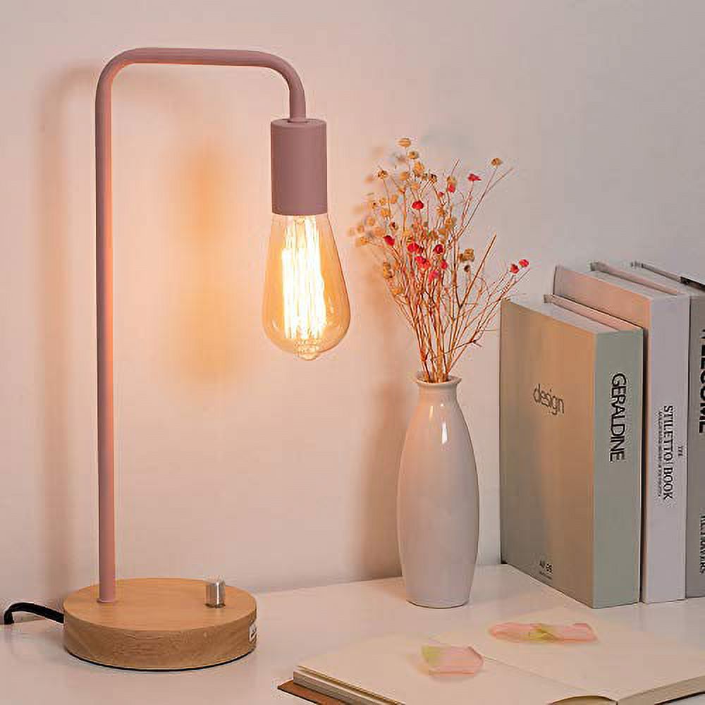 Edison Industrial Table Lamp, Wooden Base with Metal Frame with Rotary Switch - Pink
