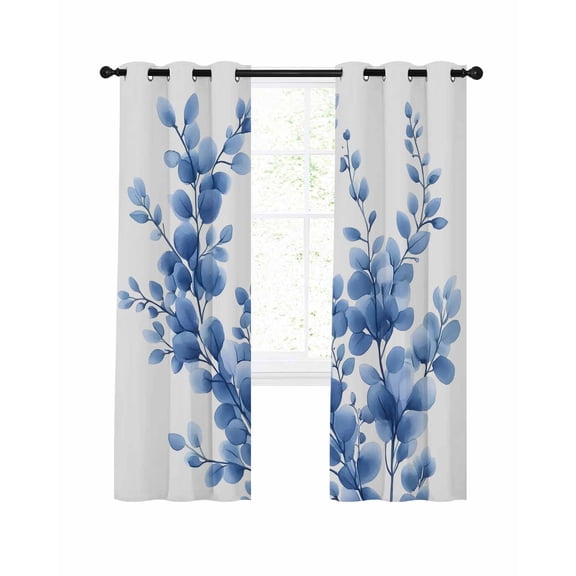 Blue Leaf Blackout Curtains 84 Inch Length Spring Vintage Blue Ombre Botanical Plant Abstract Thermal Insulated Window Curtain Window Drapes 2 Panels for Bedroom Living Room 52"Wx84"L