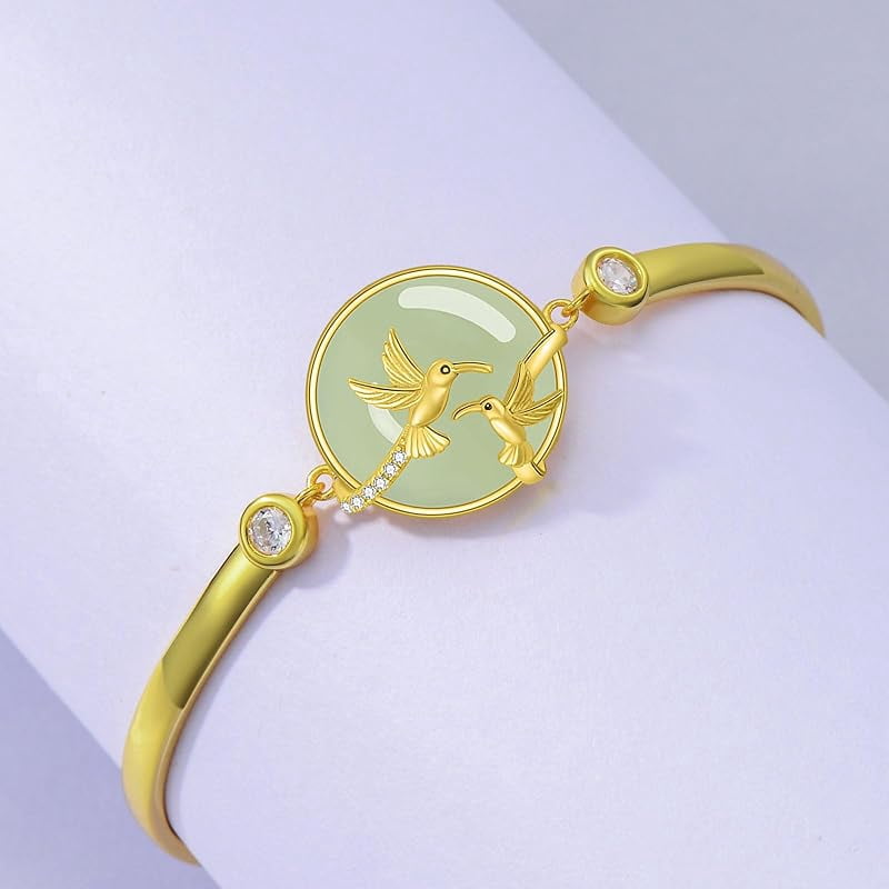 JKR Jade Bracelet for Women 14k Plated Sterling Silver Lotus/Sunflower/Tree of Life/Hummingbird/Dragonfly/Bee/Butterfly/Cat Jade Jewelry Birthday Mothers Day Gifts for Mom Grandma