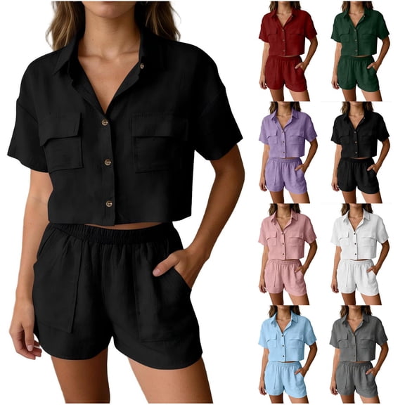 Summer Clothes Set for Women with Pockets Linen 2 Piece Outfits Short Sleeve Button Up Shirt and Shorts (XL, Black)
